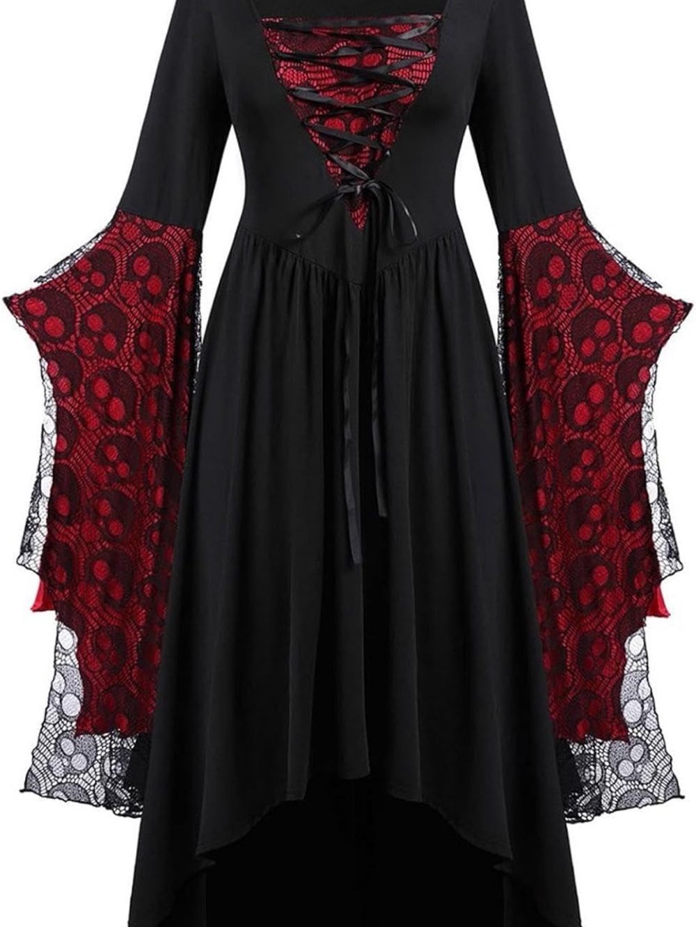 Lace-Up Asymmetrical Midi Dress in Black and Red